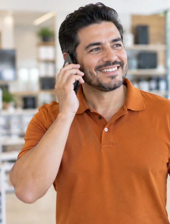 Vendedor sonriente que atiende a un prospecto por teléfono en su negocio